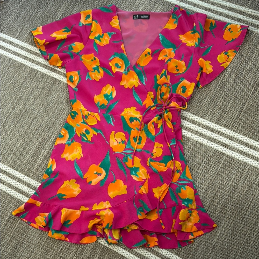Zara trf collection Pink Floral Romper Faux Dress Pink & Orange Medium